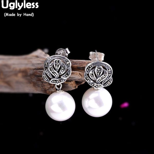 

uglyless vintage marcasite flower earrings for women nature pearl garnet dangle earrings real 925 silver gemstones jewelry e1454