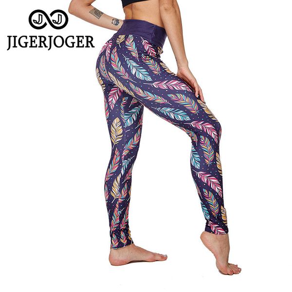 

jigerjoger 2020 color feather printed leggings new high waisted yoga pants gym leggings women sport fitness, White;red