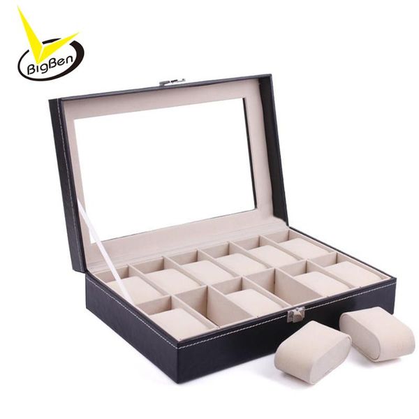 

watch boxes & cases luxury box 12 grid leather watches jewelry display collection storage case organizer holder reloj caixa relogio, Black;blue