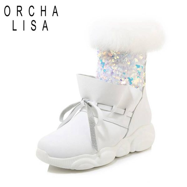 

orcha lisa women fashion bling booties ladies shining silver platform ankle boots pull on women winter warm fur shoes size 29-46, Black
