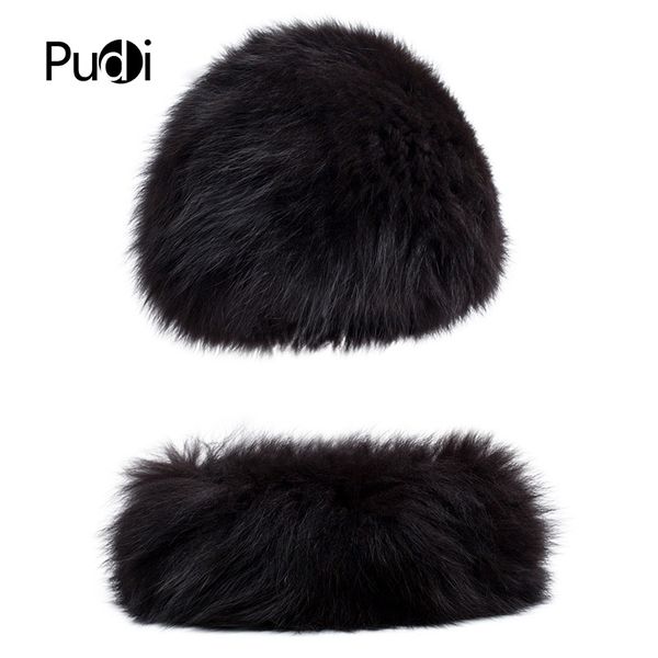 

beanie/skull caps pudi hf7032 woment real fur hat scarf set winter female natural hats rings black brown color, Blue;gray
