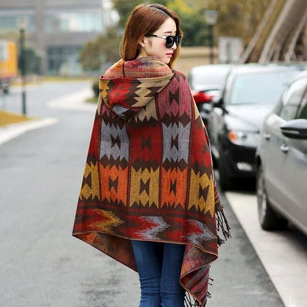 

stylish women shawl hoodie cape poncho acrylic wool shawl scarf fashion girls ladies sweater fringe hooded wraps 2020 sale, Blue;gray