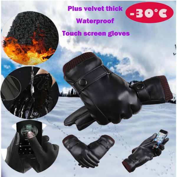 

winter black leather gloves anti-skid touch screen outdoor driving warm windproof waterproof motorcycle driving gloves, Blue;gray