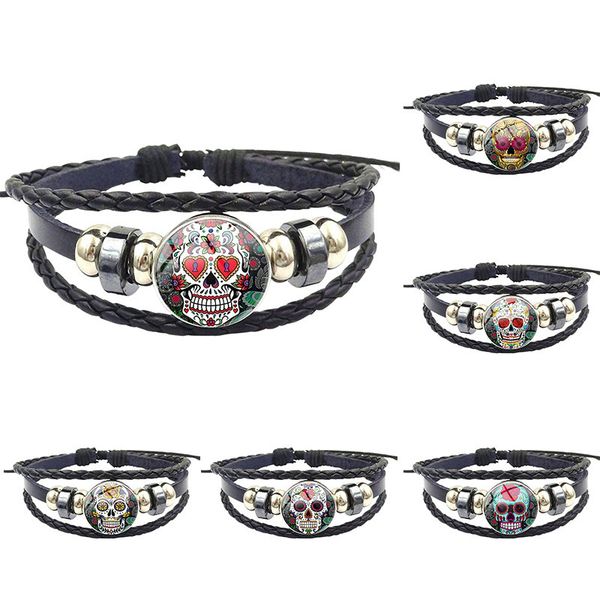 

charm bracelets for valentine's day gift glass black leather bracelet bangles mexican sugar skull design, Golden;silver