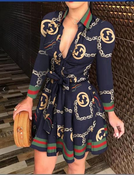 

new womens mini long sleeve dress printing with lapel straps bandage casual dress street style dresses shirt skirt size s-2xl, White;black