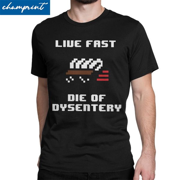 

men's t-shirt live fast die of dysentery vintage tees oregon trail retro multnomah video game geek t shirts crew neck clothing