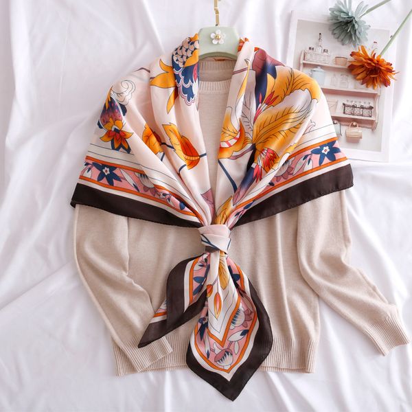

scarves women leaf printed elegant travel shawl hijab twill silk bandana handkerchief wrap big size square scarf 110 cm, Blue;gray