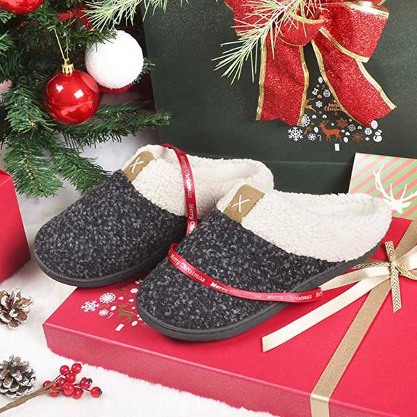 

women's cozy memory foam slippers fuzzy wool-like plush fleece lined home soft slippers w/indoor, outdoor anti-skid rubber shoes, Black