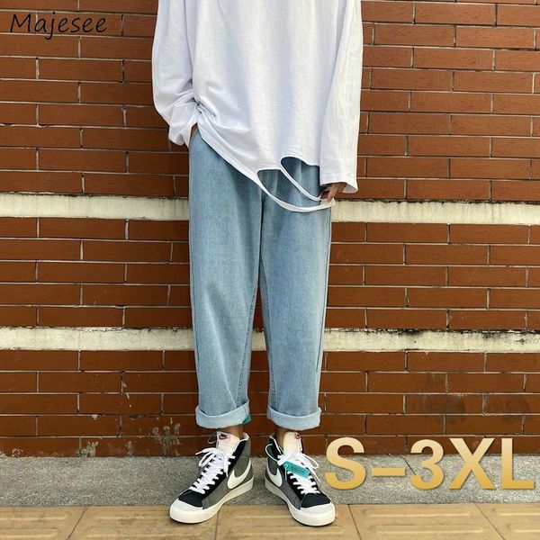 

men jeans solid hole plus-size 3xl ripped loose straight elastic-waist drawstring denim trousers streetwear leisure korean-style, Blue