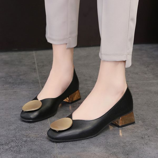 

plus size 34-42 women dress shoes square toe medium heels pumps gold heels shoes woman round metal boat low 988, Black