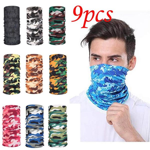 

9pcs magic scarf outdoor headwear bandana sport tube uv face mask workout hiking winter hat scarf set for men winter beanies, Blue;gray