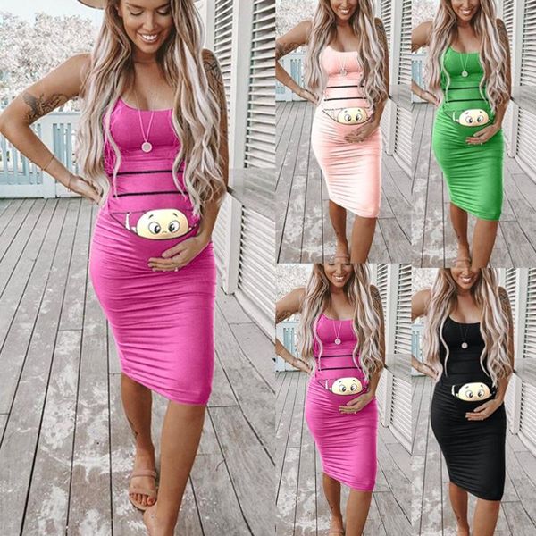 

women's maternity dress women's fashion cute baby printed pregnant summer sleeveless black pink maternity dress, White