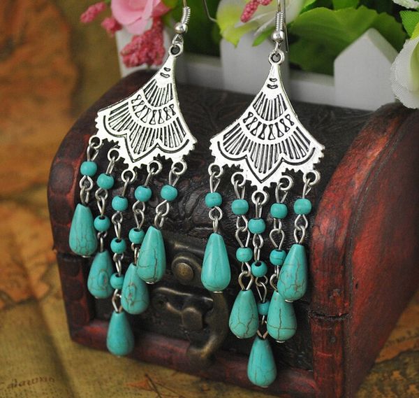 

dangle & chandelier women vintage tibetan metal jhumka earrings ethnic tribal boho green stone drop gypsy turkish party jewelry, Silver