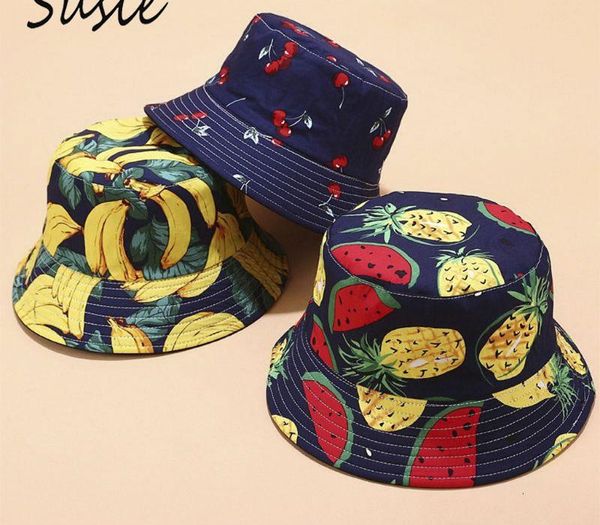 

women men summer reversible packable bucket hat colorful tropical fruits pineapple banana print harajuku wide brim fisherman cap, Blue;gray