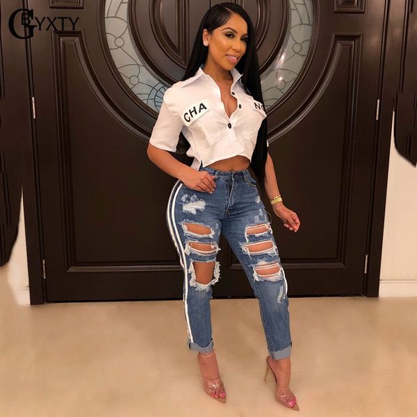 

gbyxty side stripe distressed straight jeans women ripped holes tassel high waist jeans streetwear denim pants trousers zl912, Blue