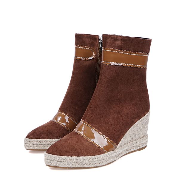 

sheepskin pvc arrival women winter ankle boots super high heels wedges platform hemp bottom soft suede flock warm plush ladies short booties, Black