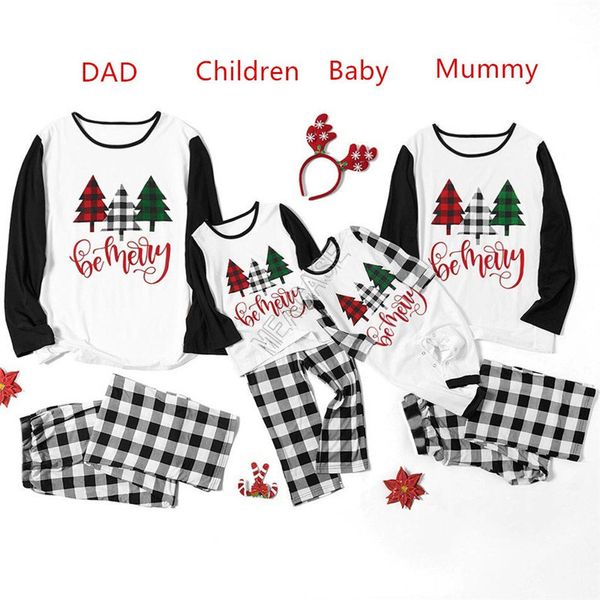 

baby kids family christmas pajamas 2 piece set xmas tree hoodie blouse pullover t-shirt plaid pants cotton sleepwear matching suit d91607, White