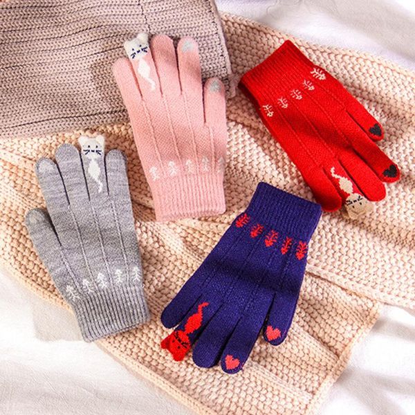 

five fingers gloves winter warm cute trendy design cartoon touchable screen full finger knitted mittens for women gilrls grove xmas gift, Blue;gray