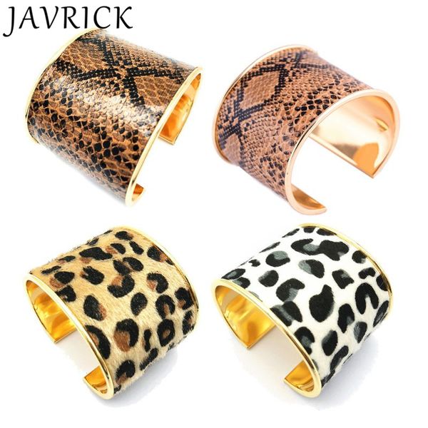

wild punk leopard print horse hair leather wide cuff bracelets statement jewelry, Black