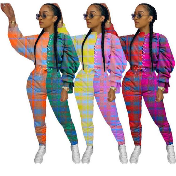 

woman two piece outfit long sleeve plaid panelled print long pants 2pcs set loose fashion casual tracksuits, White