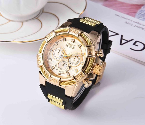

2020 invicta luxury gold wristwatch all sub dials working men sport quartz watches chronograph auto date rubber band watch for male gift 3d, Slivery;brown