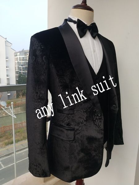 Боковая вентиляция One Button Button Black Pattern Groom Tuxedos Shawal Отвораживает Groomsmen Mens Костюмы Свадьба / выпускной / ужин Blazer (Куртка + брюки + жилет + галстук) K541