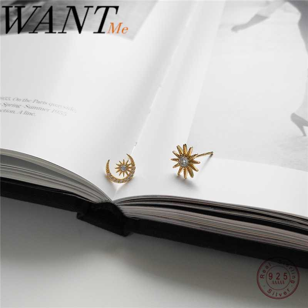 

wantme real 925 sterling silver korean round zircon small light stars moon stud earrings for fashion women party jewelry gift, Golden;silver