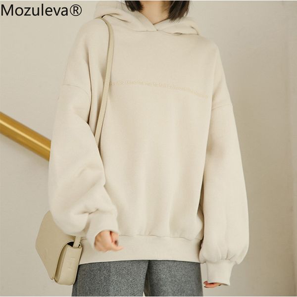 

mozuleva new 2020 autumn letter print fleece sweatshirts women oversize ladies thicken pullover hoodies pockets 100% cotton, Black