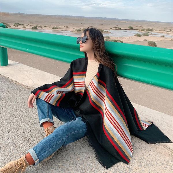 

autumn winter cashmere ethnic wind winter cloak thick wild coat dual-use oversized scarf shawl bufanda knitted shawl for women, Blue;gray