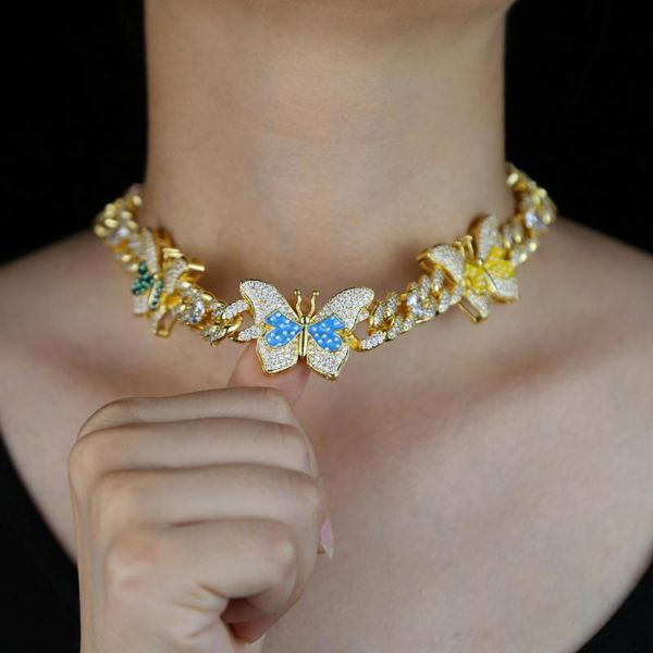 

chokers women choker statement necklace with colorful cz paved cuban chain rainbow butterfly charm hip hop jewelry, Golden;silver