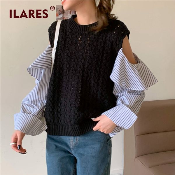 

ilares sweater women off shoulder shirt korean style sleeves round neck long sleeve loose striped casual winter vintage knitted, White;black