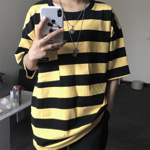 

summer oversized loose stripe men's t-shirts funny all-match casual couples clothes vintage hip hop streetwear kg-613, White;black