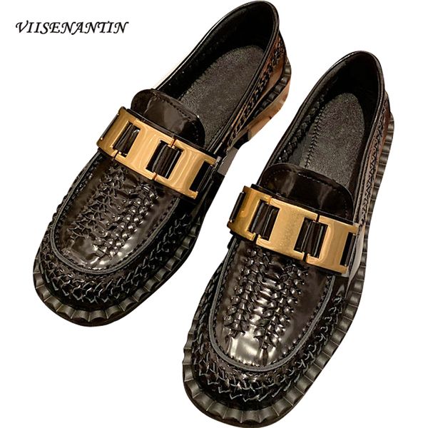 

retro woven metal buckle decro round toe genuine leather black loafers british style slip-on brown women's fashion luxury shoes