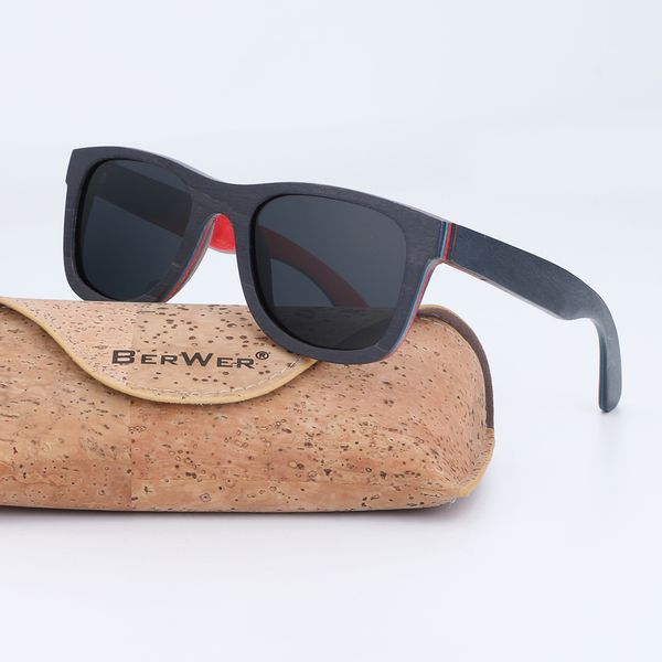 

sunglasses berwer brand designer wood men polarized black skateboard with cork box retro vintage eyewear, White;black