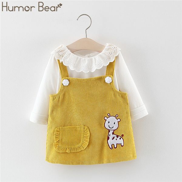 

humor bear 2019 girls autumn korean children's clothing doll collar long sleeve +strap dress 2pcs suit baby kids clothing suit, White