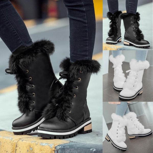 

plush women shoes winter leather high square heels lace-up mid boot keep warm streetwear snow shoes boots women laarzen dames, Black