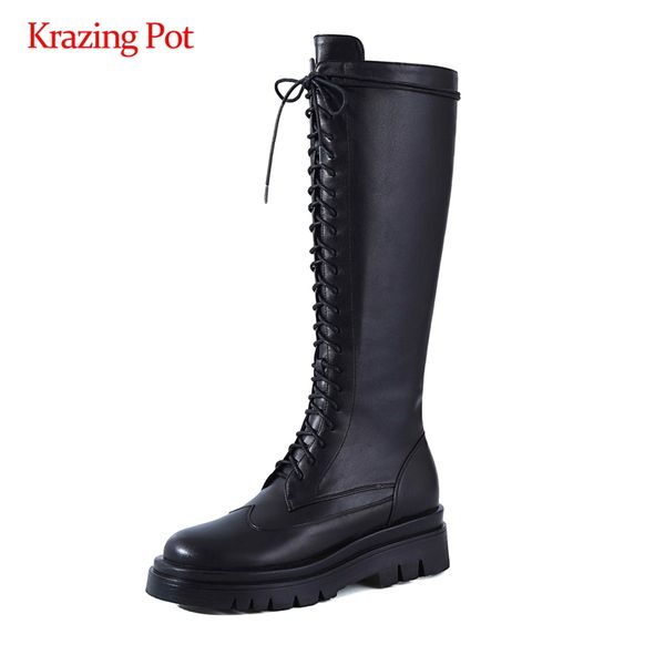 

krazing pot new large size real leather classics handmade round toe thick med heel zipper dating daily wear thigh high boots l10, Black