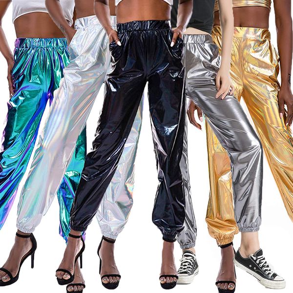 Metalik Parlak Jogger Pantolon Kadın Harem Hip Hop Yüksek Belli Glittening Streetwear Elastik Pantolon Spandex Polyester