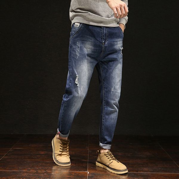 

men's jeans 2021 fashion ripped straight casual hip-hop pencil pants zipper for men large size 46 48, Blue