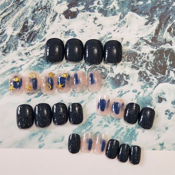 

false nails 24pcs imitation fake nail art care 3d blue star sky diamond wh998, Red;gold