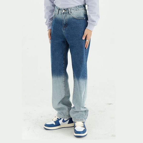 

men's jeans male japan korea streetwear hip hop loose trousers men water wash gradient color straight denim pant, Blue