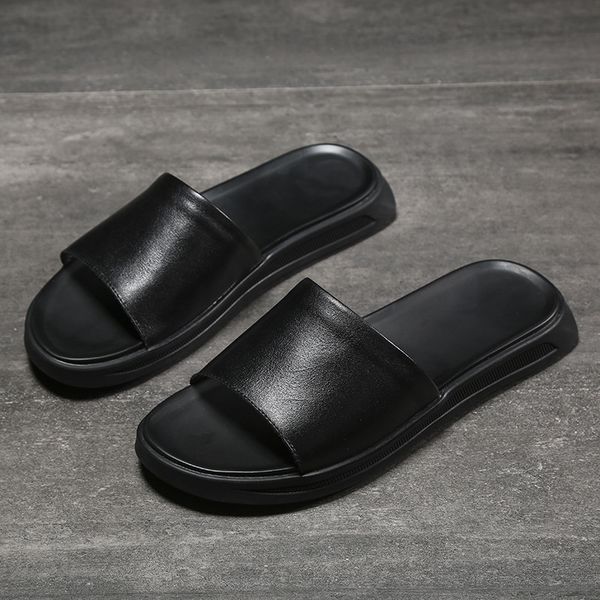 

men's genuine leather slide cowskin slides solid leather slipper outdoor travel scuff black slippers for men z298