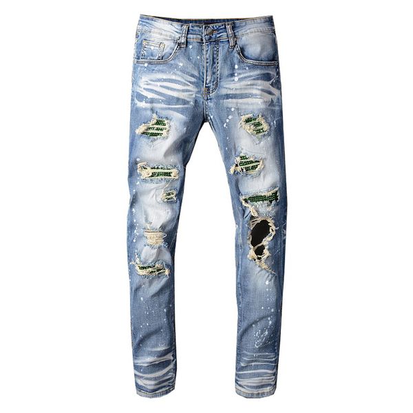 

men's jeans crystal holes ripped slim fit skinny patchwork distressed blue stretch denim pants for men fashions