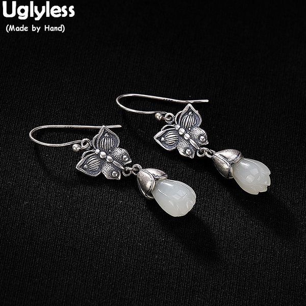 

uglyless 100% real 925 sterling silver handmade butterfly earrings thai silver exotic magnolia flower fine jewelry jade gemstone
