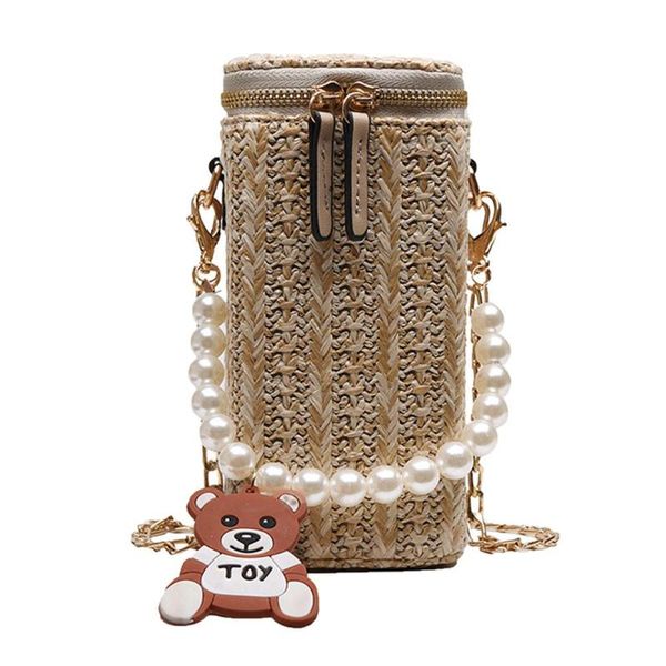 

pearls shoulder messenger handbags women straw chain crossbody bucket bags