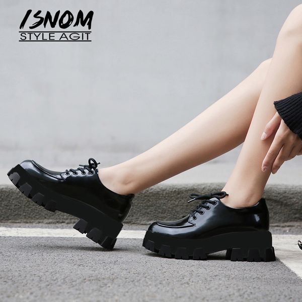 

isnom flat platform shoes rubber foam sole light skid proof shoes lace up leather school style girls flats, Black