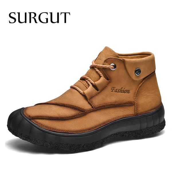 

surgut leather men casual shoes british style comfortable men fashion walking snow boots big size man winter soft boots footwear, Black