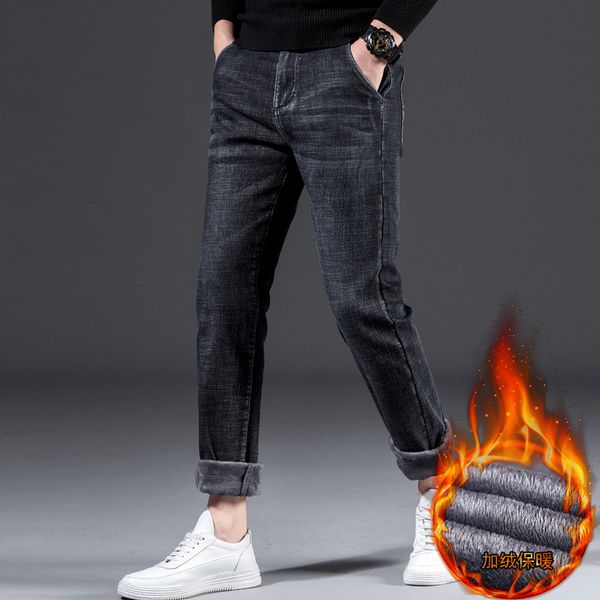 

men's jeans 2021 mens winter warm loose classic style business casual black denim elasticity thick pants plus size 46 trousers,926, Blue
