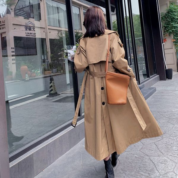 

women's trench coats turn-down collar khaki coat mid-length 2021 spring autumn korean loose casual windbreaker r330, Tan;black