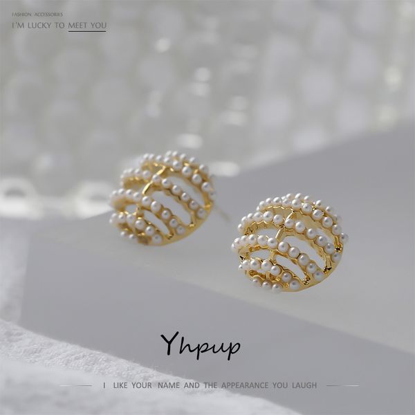

yhpup stylish round simulated pearls stud earrings for women new simple gold color earrings copper jewelry boucle d'oreille gift, Golden;silver